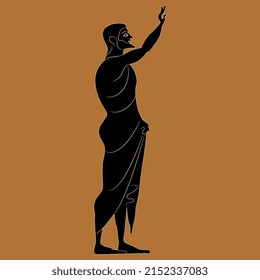 Standing ancient Greek man with raised arm. Farewell gesture. Vase painting style. Black silhouette on orange background.