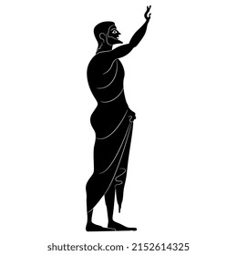 Standing ancient Greek man with raised arm. Farewell gesture. Vase painting style. Black and white negative silhouette.