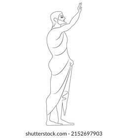 Standing ancient Greek man with raised arm. Farewell gesture. Vase painting style. Black and white linear silhouette.