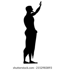 Standing ancient Greek man with raised arm. Farewell gesture. Vase painting style. Black silhouette on white background.