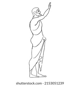 Standing ancient Greek man with raised arm. Farewell gesture. Vase painting style. Hand drawn linear doodle rough sketch. Black silhouette on white background.