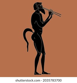 Standing ancient Greek satyr playing double flute aulos. Vase painting style.