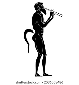 Standing ancient Greek satyr playing double flute aulos. Black and white negative silhouette. Vase painting style. 