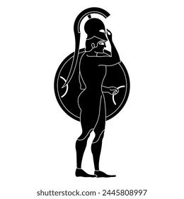 Standing Ancient Greek warrior with shield and helmet. Vase painting style. Black and white silhouette.