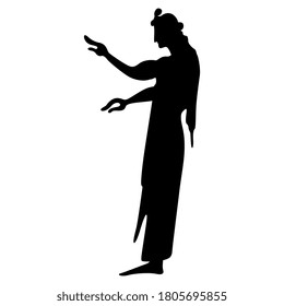 Standing ancient Greek woman or goddess. Black silhouette on white background.