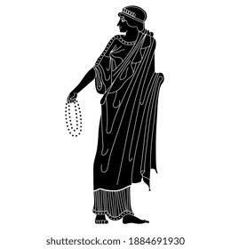 Standing ancient Greek woman holding rosary or necklace. Black and white silhouette.