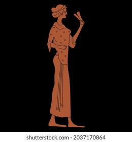 Standing ancient Greek woman holding clapper musical instrument. Vase painting style.
