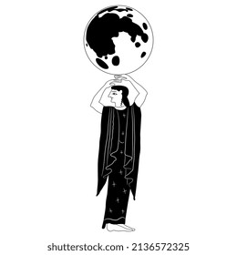 Standing ancient Greek woman holding full moon. Goddess Selene or Nyx. Female lunar power. Creative mythological concept. Black and white silhouette. 