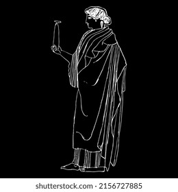 Standing Ancient Greek Woman Holding A Bottle Or Vase. Hand Drawn Linear Sketch. White Silhouette On Black Background.