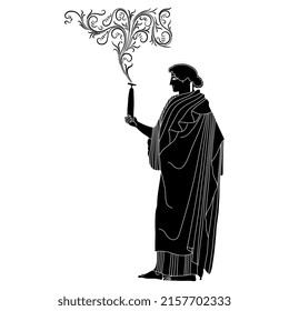 Standing ancient Greek woman holding a bottle of fragrant perfume or vine. Black and white silhouette.