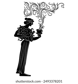 Standing Ancient Greek woman holding a steaming cup of tea or coffee. Creative ethnic beverage design. Black and white silhouette.