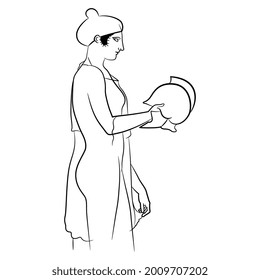 Standing ancient Greek woman in profile holding a helmet. Black and white linear silhouette. Vase painting style.