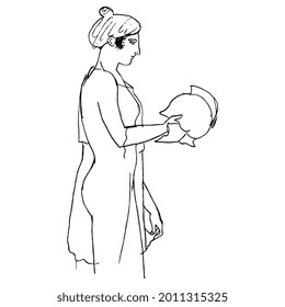 Standing ancient Greek woman in profile holding a helmet. Vase painting style. Hand drawn linear doodle rough sketch. Black silhouette on white background.