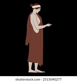 Standing Ancient Greek woman in profile. Vase painting style. On black background.