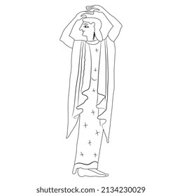 Standing ancient Greek woman with raised up hands. Vase painting style. Black and white linear silhouette.