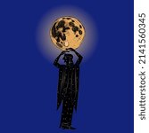 Standing ancient Greek woman as starry night holding shining full moon in halo. Goddess Selene or Nyx. Creative mythological concept. Isolated vector illustration.