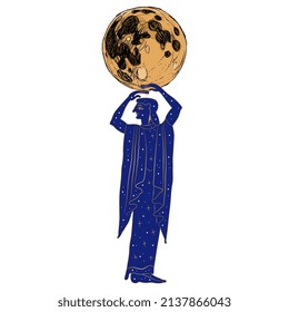 Standing ancient Greek woman as starry night holding full moon. Goddess Selene or Nyx. Creative mythological concept. Isolated vector illustration.