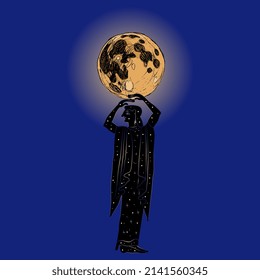 Standing ancient Greek woman as starry night holding shining full moon in halo. Goddess Selene or Nyx. Creative mythological concept. Isolated vector illustration.