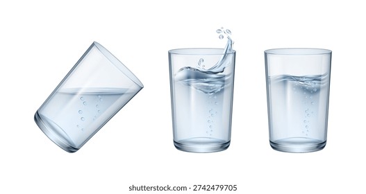 Standing and angled water glasses set. Vector glassware with liquid splashes and bubbles. Realistic dishware with freshwater for serving drinks and beverages. Utensil and dishes with aqua