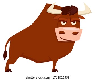 Standing angry bull. Farm animal in cartoon style.