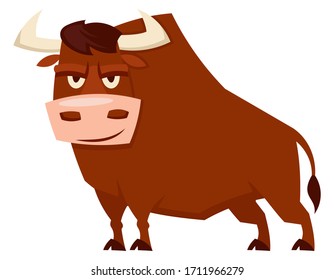 Standing angry bull. Farm animal in cartoon style.