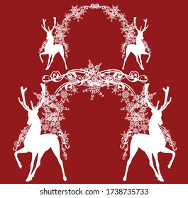standing antler deer with festive new year  or xmas arch made of snowflakes - monochrome vector silhouette design set
