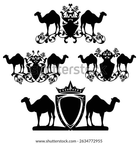 standing arabian dromedary camel and heraldic shield decorated with rose flowers and royal crown - pair of one-humped animals black and white hand drawn vector luxurious insignia badge design