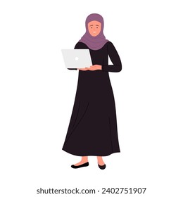 Standing arabic businesswoman with laptop. Female muslim manager holding computer cartoon vector illustration