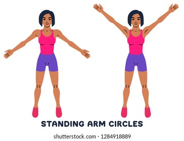 Standing arm circles. Sport exersice. Silhouettes of woman doing exercise. Workout, training Vector illustration