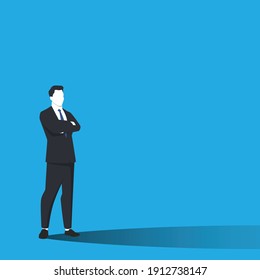 Standing arms crossed businessman in simple trendy color flat style on blue background. Business and finance concept background with empty space for your text. Designed vector illustration.