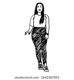 Standing Asian lady in sportive clothes. Young woman wearing sneakers and leggings. Hand drawn linear doodle rough sketch. Black and white silhouette.
