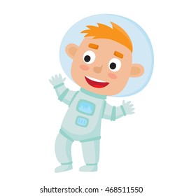 Standing astronaut kid isolated on white background. Cartoon pretty boy wearing astronaut costume. Vector illustration used for child books, stickers, posters, web pages.