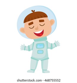 Standing astronaut kid isolated on white background. Cartoon pretty boy wearing astronaut costume. Vector illustration used for child books, stickers, posters, web pages.