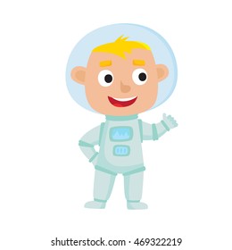 Standing astronaut kid isolated on white background. Cartoon pretty boy wearing astronaut costume. Vector illustration used for child books, stickers, posters, web pages.