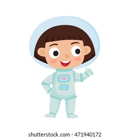 Standing astronaut kid isolated on white background. Cartoon pretty girl wearing astronaut costume. Vector illustration used for child books, stickers, posters, web pages.