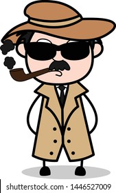 Standing in a Attitude with Cigar and Sunglasses - Retro Cartoon Police Agent Detective Vector Illustration