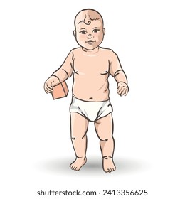 Standing baby with cube on white background