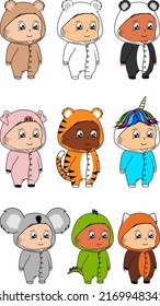 standing baby kid cartoon with animal pijama illustration pack in vector format