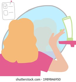 Standing back woman with mirror apply cream for self face care. Individual healing shedule home spa procedure simple flat multicolor illustration. EPS 10