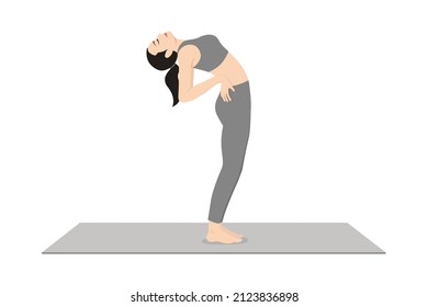 Standing Backbend. Beautiful girl practice Anuvittasana. Young attractive woman practicing yoga exercise. working out, black wearing sportswear, grey pants and top, indoor full length, calmness relax