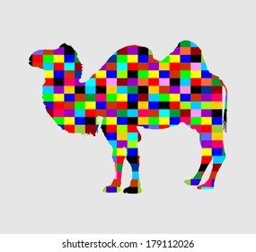 Standing bactrian camel vector (Camelus bactrianus). Isolated on white black shilouette. Abstract camel, colorful illustration like disco ball.  