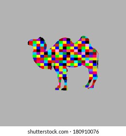 Standing bactrian camel vector (Camelus bactrianus). Isolated on gray shilouette. Abstract camel, colorful illustration like disco ball. 