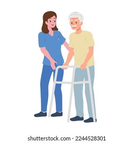 Standing balance training activity for elderly rehabilitation by occupational therapy or physical therapy in geriatric clinic. Health professional or alternative medicine flat design character.