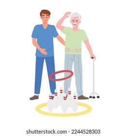 Standing balance training activity for elderly rehabilitation by occupational therapy or physical therapy in geriatric clinic. Health professional or alternative medicine flat design character.