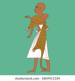 Standing Bald Ancient Egyptian Priest In Leopard Skin.