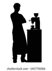 Standing barista man silhouette vector, Coffee shop business concept.