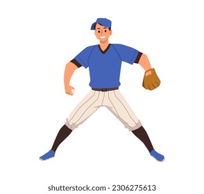 Standing baseball player with leather glove flat style, vector illustration isolated on white background. Happy smiling boy in cap, American sport game, decorative design element