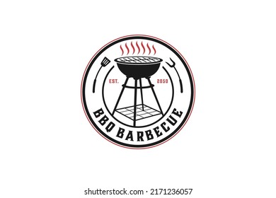 Standing BBQ stove logo design, rounded shape vintage badge style barbecue utensil tool grilling smoke icon