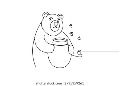 Standing bear with honey pot one line art on white background