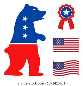 Standing Bear Icon In Blue And Red Colors With Stars. Standing Bear Illustration Style Uses American Official Colors Of Democratic And Republican Political Parties, And Star Shapes.